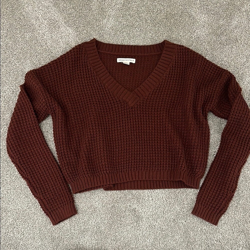 Aeropostale Burgundy V-Neck Sweater with Textured Knit